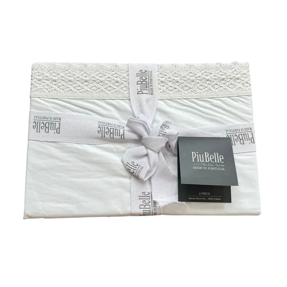 PiuBelle Portugal White Queen Sheets 4PC Cotton Percale Crochet Lace Cottage New